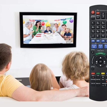 Family watching a video call on a digital photo frame with a remote control in the foreground.