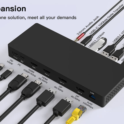 Black expansion device with multiple ports and cables on a light gray background