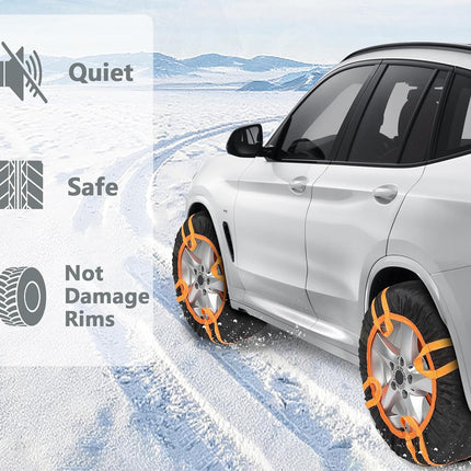 White SUV driving on snow with orange winter tire chains attached to the wheels. A semi-transparent overlay on the left lists features: Quiet, Safe, and Not Damage Rims, with corresponding icons.