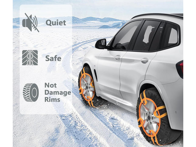 White SUV driving on snow with orange winter tire chains attached to the wheels. A semi-transparent overlay on the left lists features: Quiet, Safe, and Not Damage Rims, with corresponding icons.
