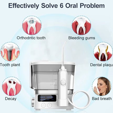 A white and silver oral irrigator water flosser shown on a light blue background with marketing text and six circular dental illustrations around it, including orthodontic tooth, bleeding gums, tooth plant, dental plaque, decay, and bad breath.