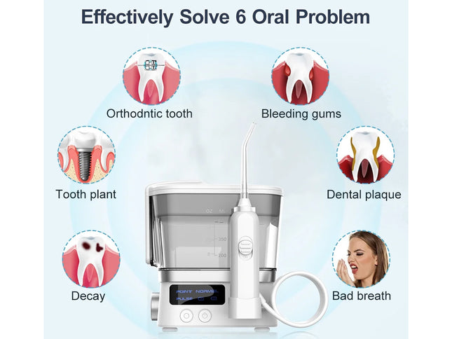 A white and silver oral irrigator water flosser shown on a light blue background with marketing text and six circular dental illustrations around it, including orthodontic tooth, bleeding gums, tooth plant, dental plaque, decay, and bad breath.