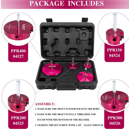 Tool kit with pink components and assembly instructions on a white background