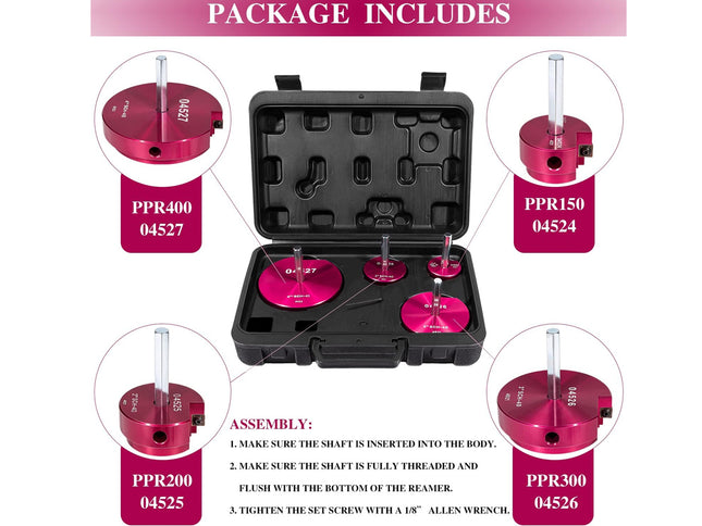 Tool kit with pink components and assembly instructions on a white background