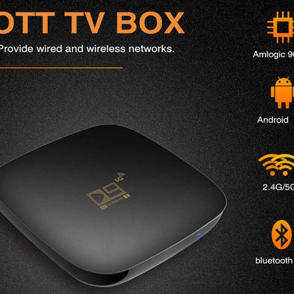 OTT TV box with features listed on a dark background