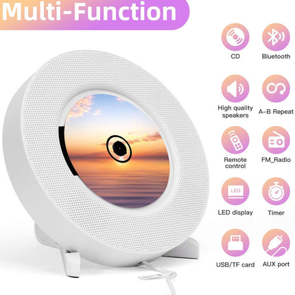 Multifunctional device with sunset display and feature icons on a white background