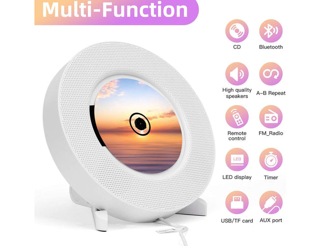 Multifunctional device with sunset display and feature icons on a white background