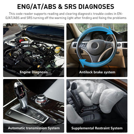 Car diagnostic tool with images of engine, steering wheel, transmission, and seat.