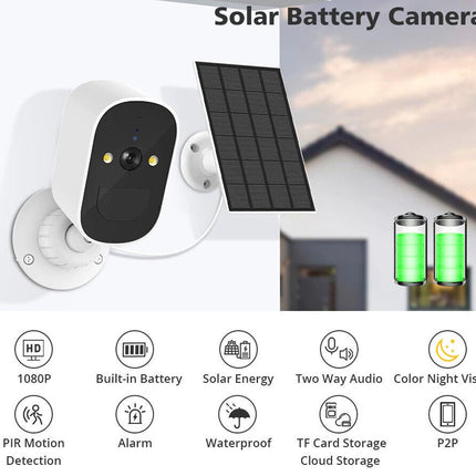 Solar battery camera with features listed on a white background