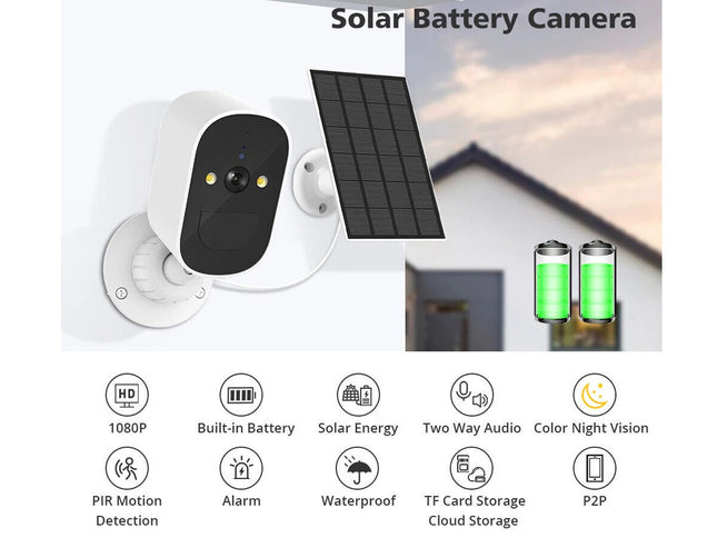 Solar battery camera with features listed on a white background