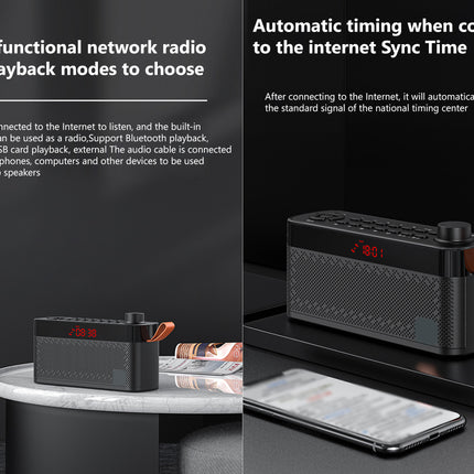 A black portable Bluetooth radio speaker with orange accents and a red digital display, shown in a promotional layout with text. The right side shows the speaker on a black stand with a smartphone nearby, and the left side shows a smaller view of the speaker on a white table against a dark background.
