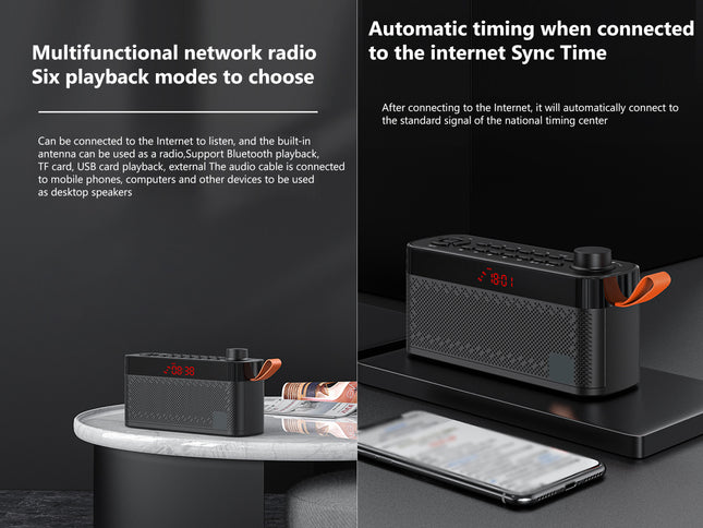 A black portable Bluetooth radio speaker with orange accents and a red digital display, shown in a promotional layout with text. The right side shows the speaker on a black stand with a smartphone nearby, and the left side shows a smaller view of the speaker on a white table against a dark background.