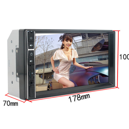 A 7-inch car stereo touchscreen display with red dimension lines indicating measurements of 178mm width, 100mm height, and 70mm depth on a white background.