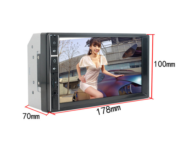 A 7-inch car stereo touchscreen display with red dimension lines indicating measurements of 178mm width, 100mm height, and 70mm depth on a white background.