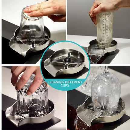 A four-panel demonstration collage showing a stainless steel cup-cleaning device. A hand holds an upside-down glass cup over the metal base, with water draining into a collection basin.