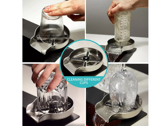 A four-panel demonstration collage showing a stainless steel cup-cleaning device. A hand holds an upside-down glass cup over the metal base, with water draining into a collection basin.