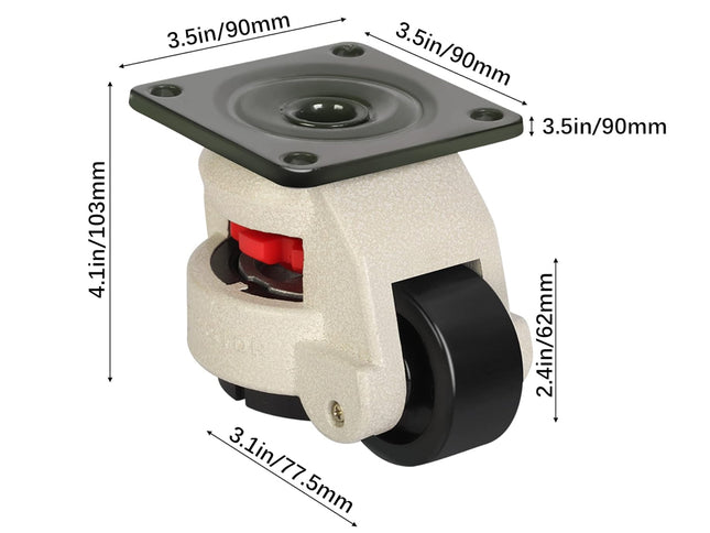 Measurement chart of a caster wheel with dimensions labeled