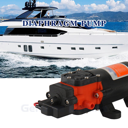 A black and orange diaphragm pump shown in the foreground against a background photo of a white yacht sailing on blue water under a cloudy sky. The text 'DIAPHRAGM PUMP' is overlaid across the yacht.