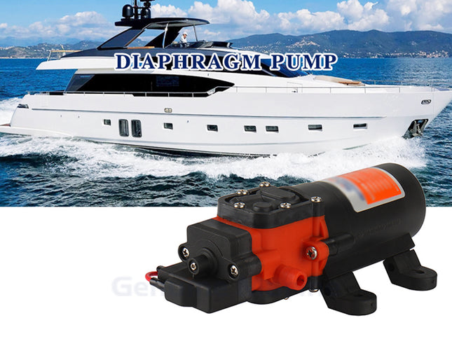 A black and orange diaphragm pump shown in the foreground against a background photo of a white yacht sailing on blue water under a cloudy sky. The text 'DIAPHRAGM PUMP' is overlaid across the yacht.