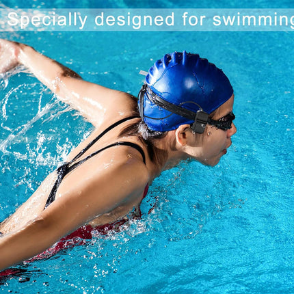 Person swimming in a pool wearing a blue swim cap and goggles with text 'Specially designed for swimming'.
