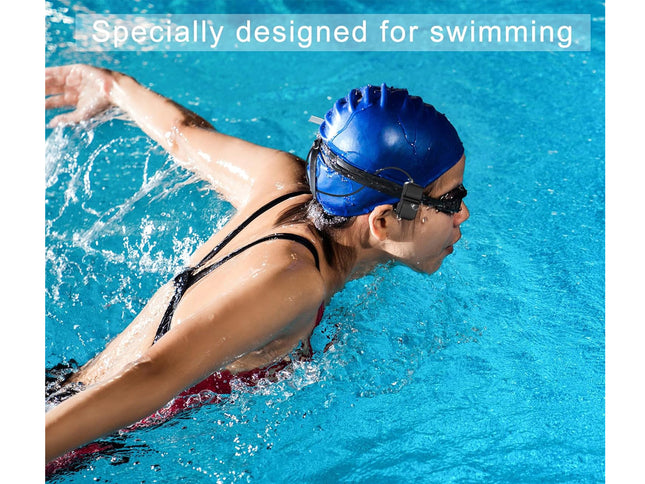 Person swimming in a pool wearing a blue swim cap and goggles with text 'Specially designed for swimming'.