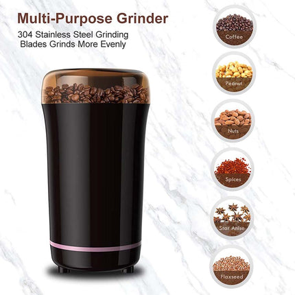 Black multi-purpose grinder with various food items on a white background