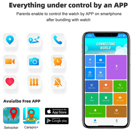 Smartphone app interface with various icons and app store logos on a white background
