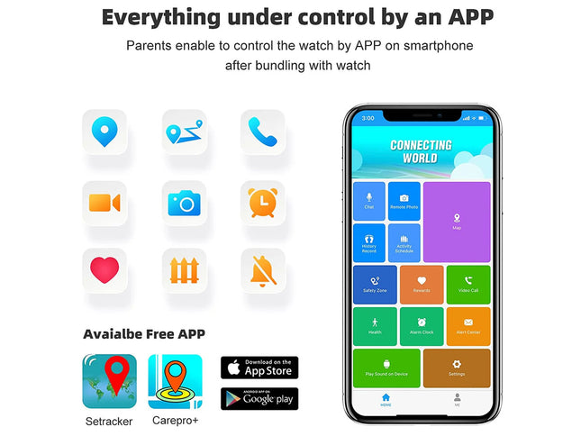 Smartphone app interface with various icons and app store logos on a white background