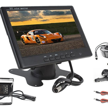 Car monitor with camera and cables on a white background