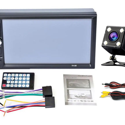 Car stereo system with monitor, camera, and wiring on a white background