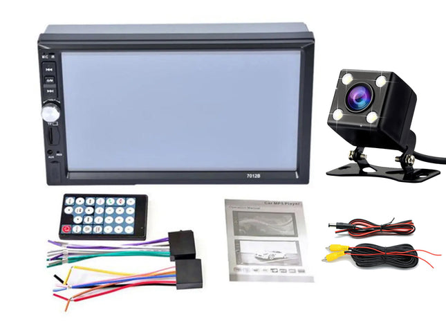 Car stereo system with monitor, camera, and wiring on a white background