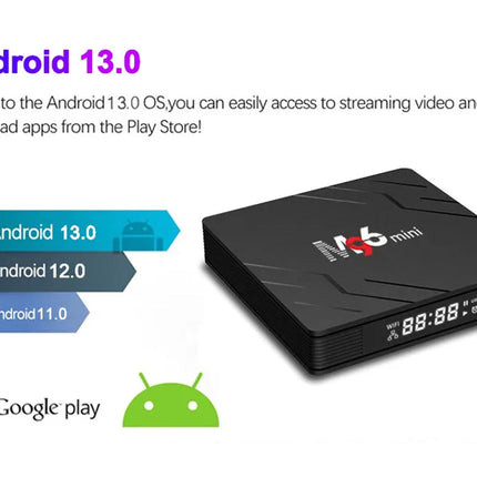 Black electronic device with Android 13.0 OS branding on a white background