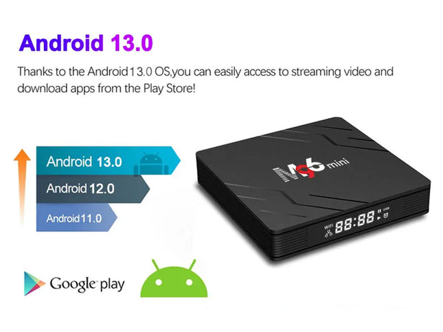 Black electronic device with Android 13.0 OS branding on a white background
