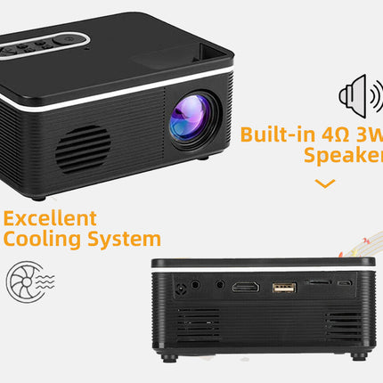 Black projector with features highlighted on a white background