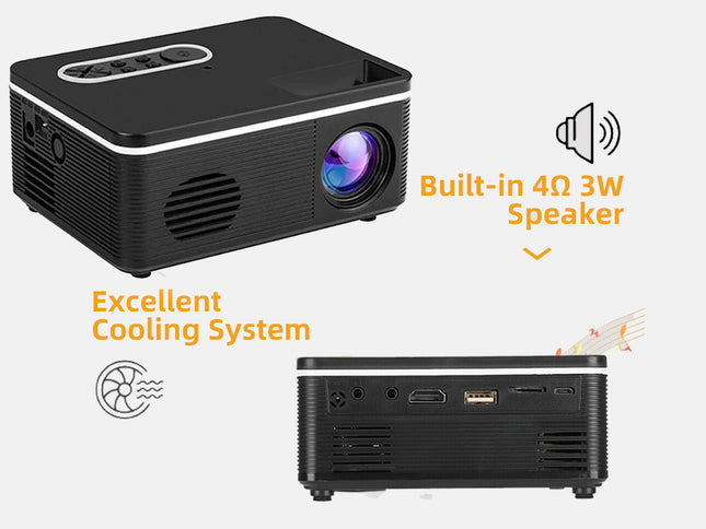 Black projector with features highlighted on a white background