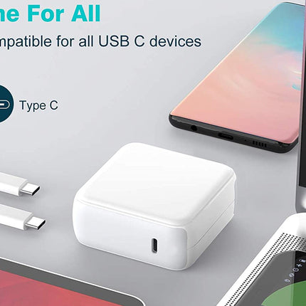 White USB-C adapter with smartphone, tablet, and computer on a gray background