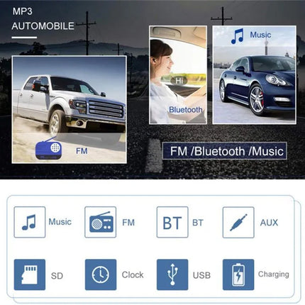 Car multimedia system display with FM, Bluetooth, and music icons.