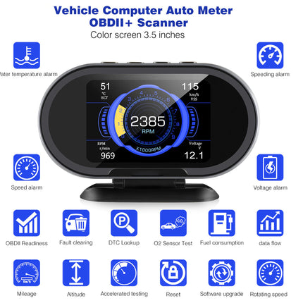 Vehicle computer with color screen displaying various metrics on a white background