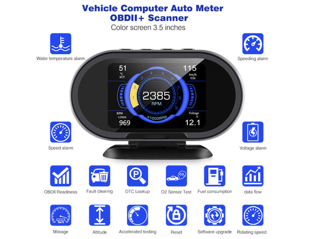 Vehicle computer with color screen displaying various metrics on a white background