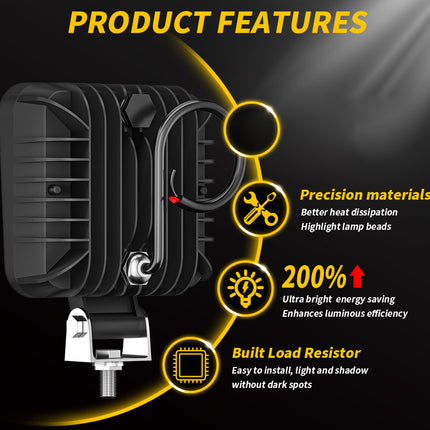 Product features of a light bulb with text on a dark background