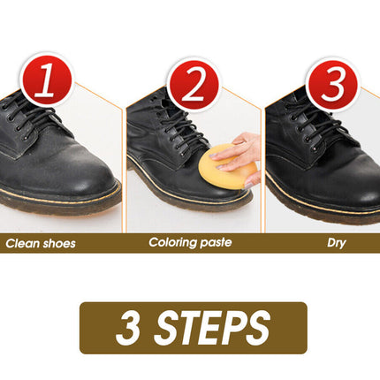 Step-by-step guide on cleaning and coloring black shoes with a paste.