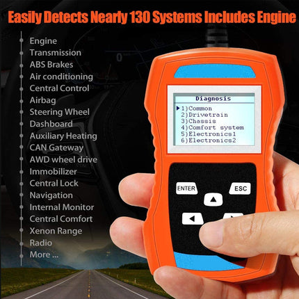 Hand holding a diagnostic tool with a road and menu display in the background