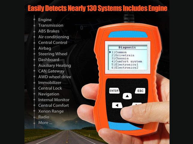 Hand holding a diagnostic tool with a road and menu display in the background
