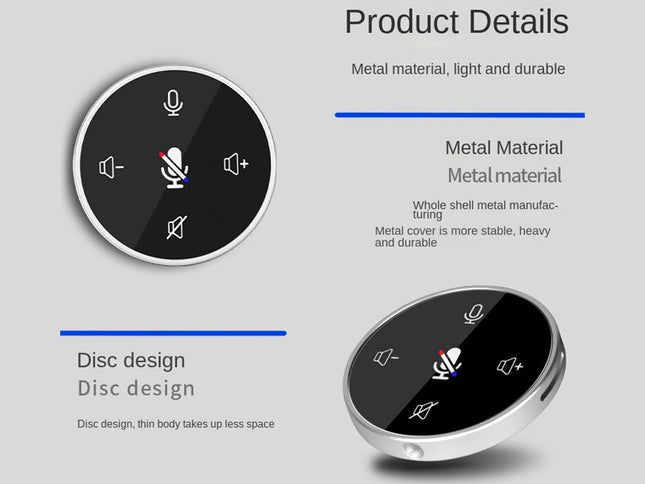 Product details of a metal device with disc design on a gray background