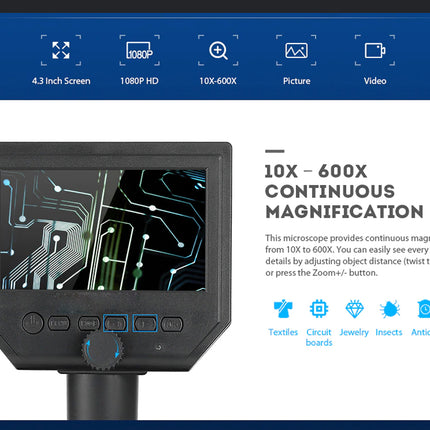 A digital product graphic for a 10X-600X continuous magnification microscope. The product is shown on a white background with a dark blue header and footer.