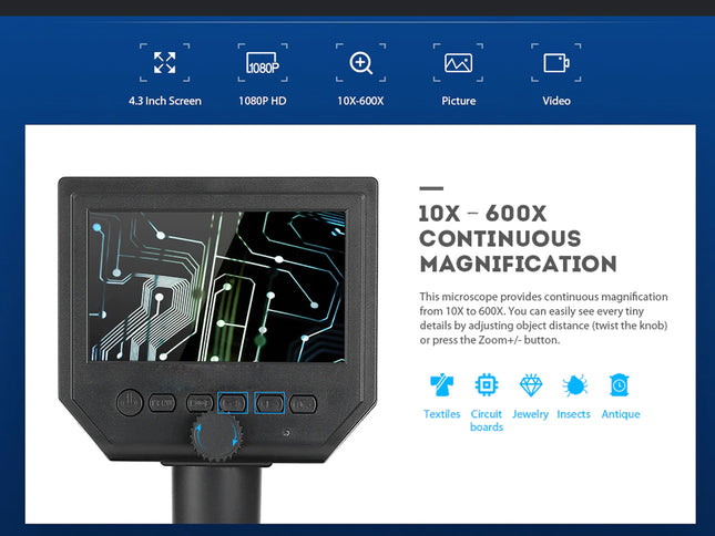 A digital product graphic for a 10X-600X continuous magnification microscope. The product is shown on a white background with a dark blue header and footer.