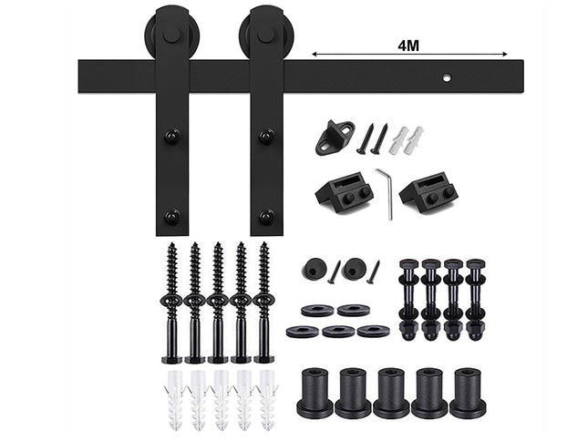 Barn door hardware set with components on a white background