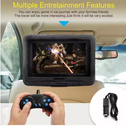 Car entertainment system with screen displaying a game, held by a person with a controller, in a car interior.