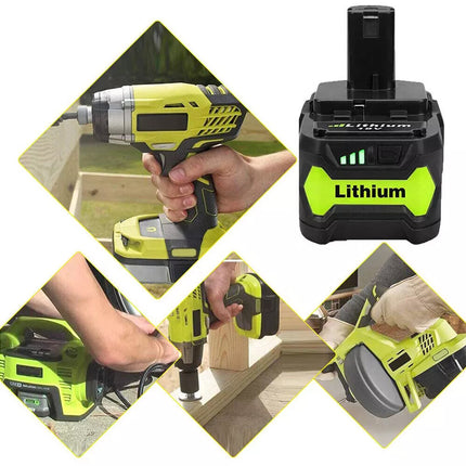 A cordless drill battery pack shown alongside four diamond-shaped inset photos demonstrating a yellow-green and black cordless drill in use on wood.