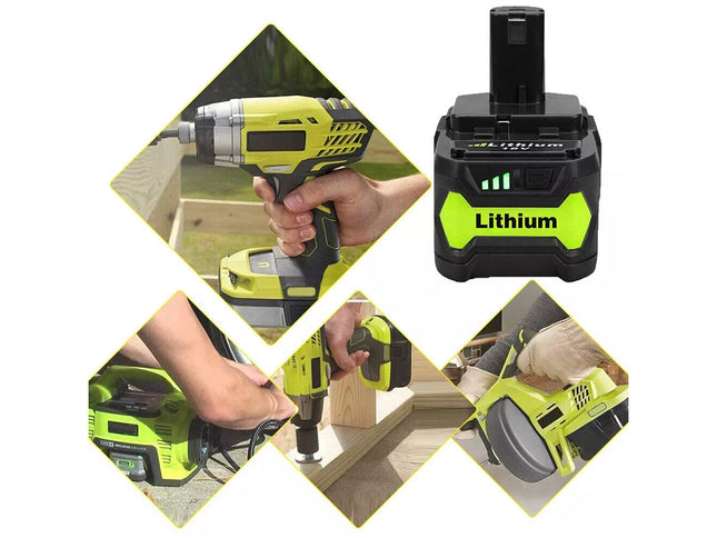 A cordless drill battery pack shown alongside four diamond-shaped inset photos demonstrating a yellow-green and black cordless drill in use on wood.